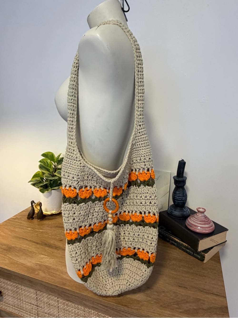 Crochet Tulip Shoulder Bag Oatmeal Orange Floral Boho Lined Tote